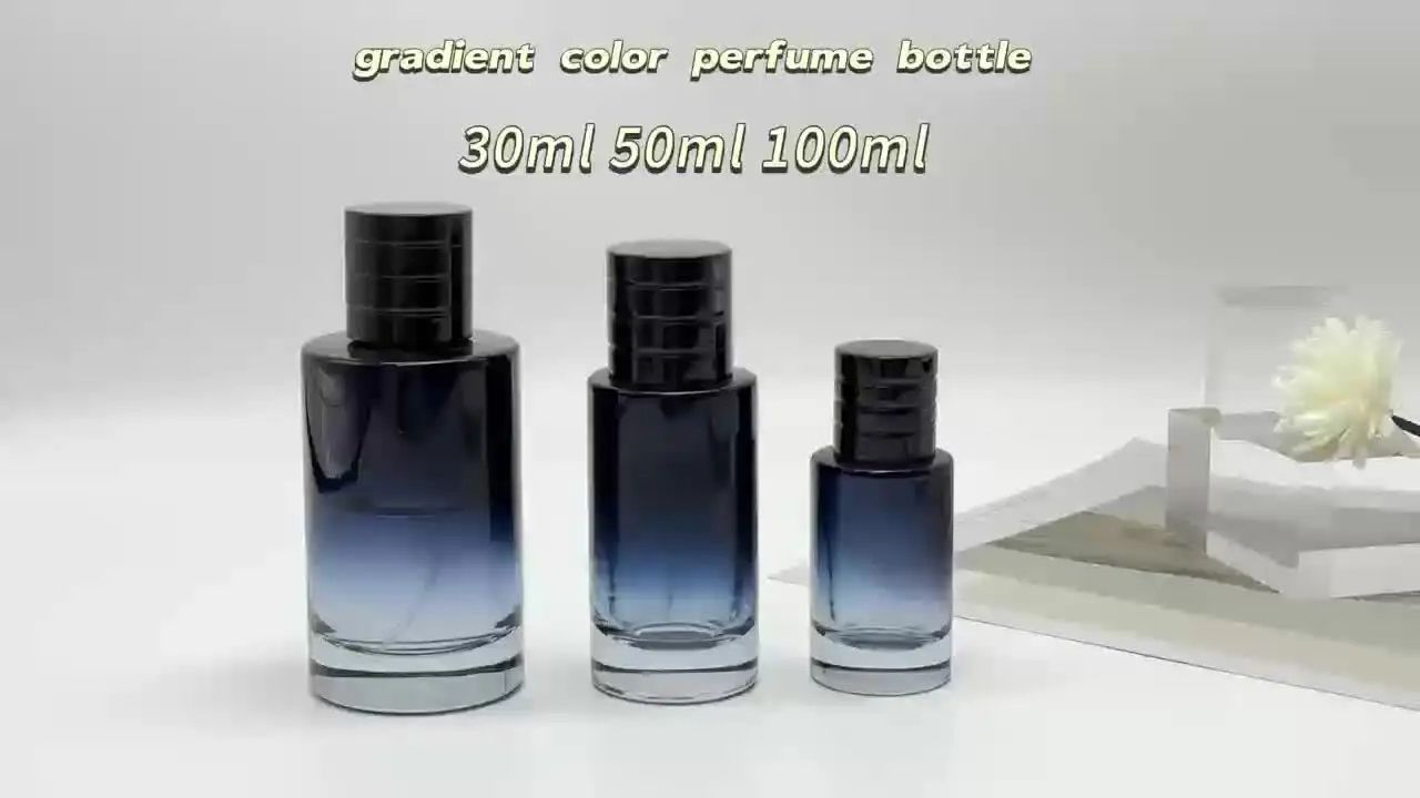 Custom Gradient Blue 30ml 50ml 100ml Cylinder Round Spray Glass Empty  Perfume Bottles With Black Cap