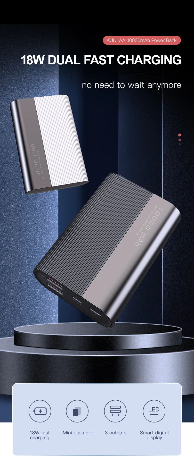 Kuulaa Output Power Bank New Mini Energycell 18W Fast Charge 5V/3A 10000mah for Iphone Samsung Galaxy Etc Portable High Capacity - ANKUX.COM