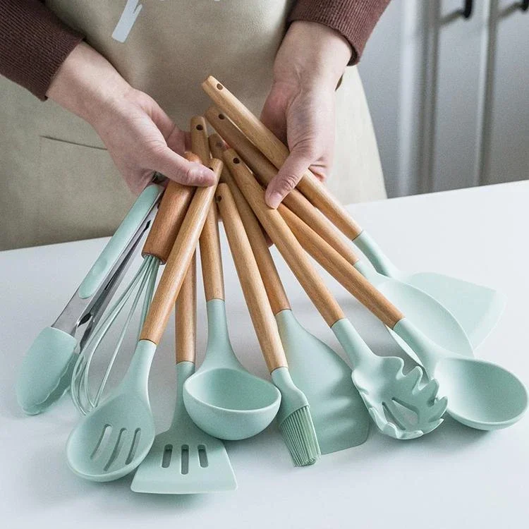 Factory Wholesale 11 Pcs Silicone Kitchen Utensils Set Wood Handle
