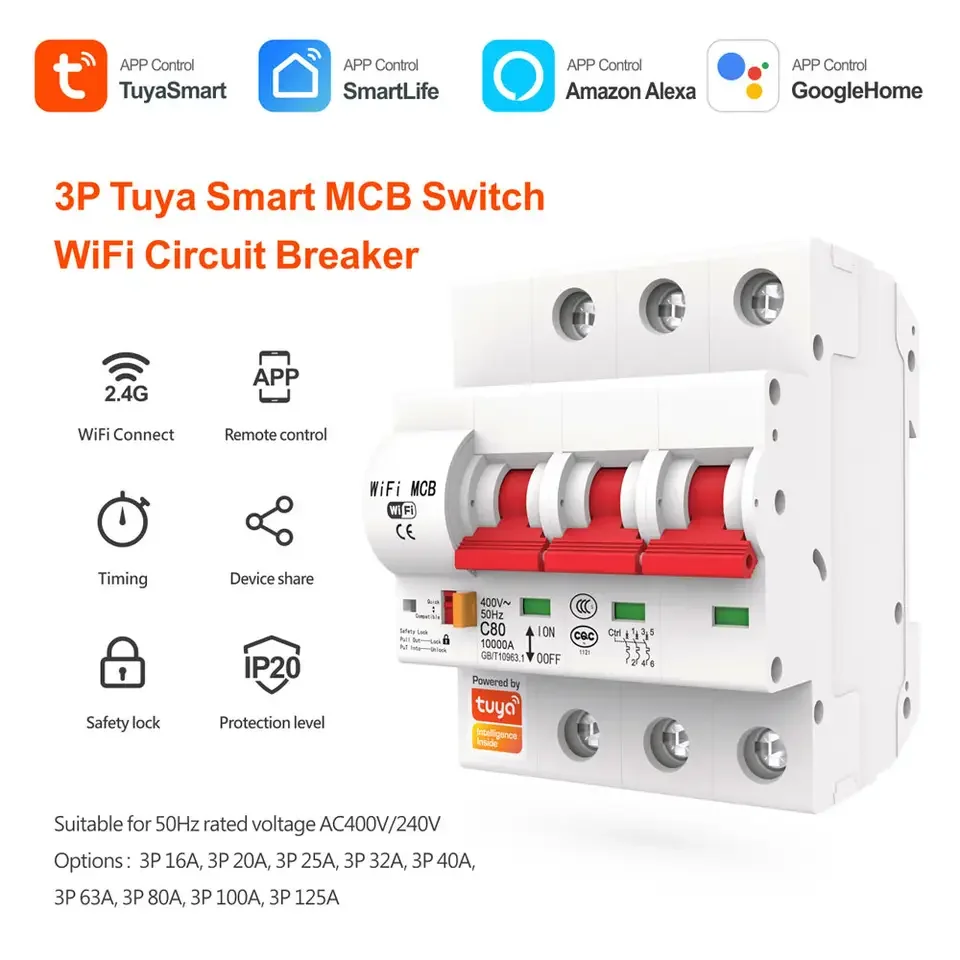 GEYA Tuya WIFI Circuit Breaker MCB Digital Display Switch 1P+N 63A Metering&Rail