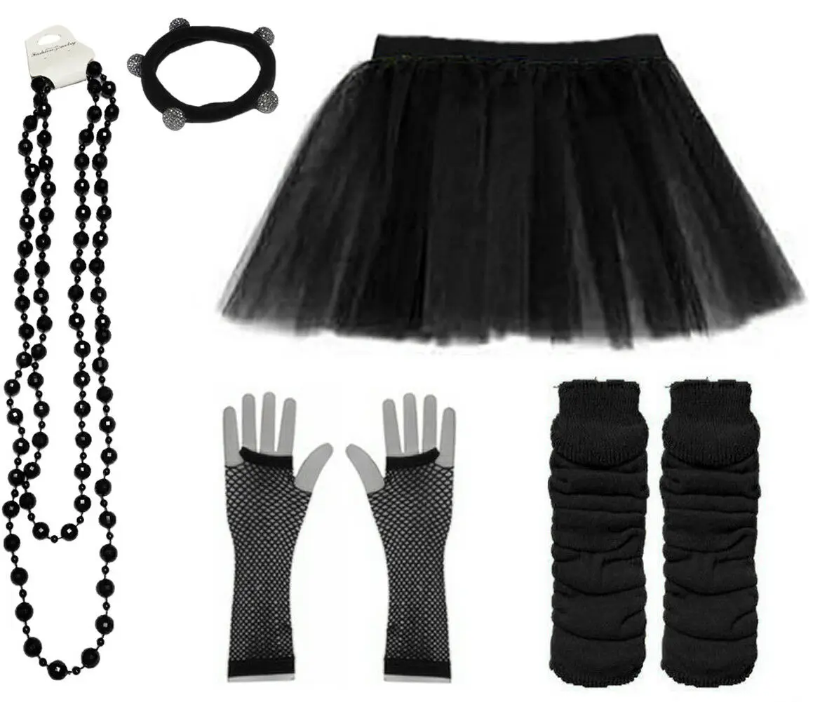 80s Costume NEON 80s FANCY DRESS TUTU GLOVES AND BEADS HEN PARTY COSTUME