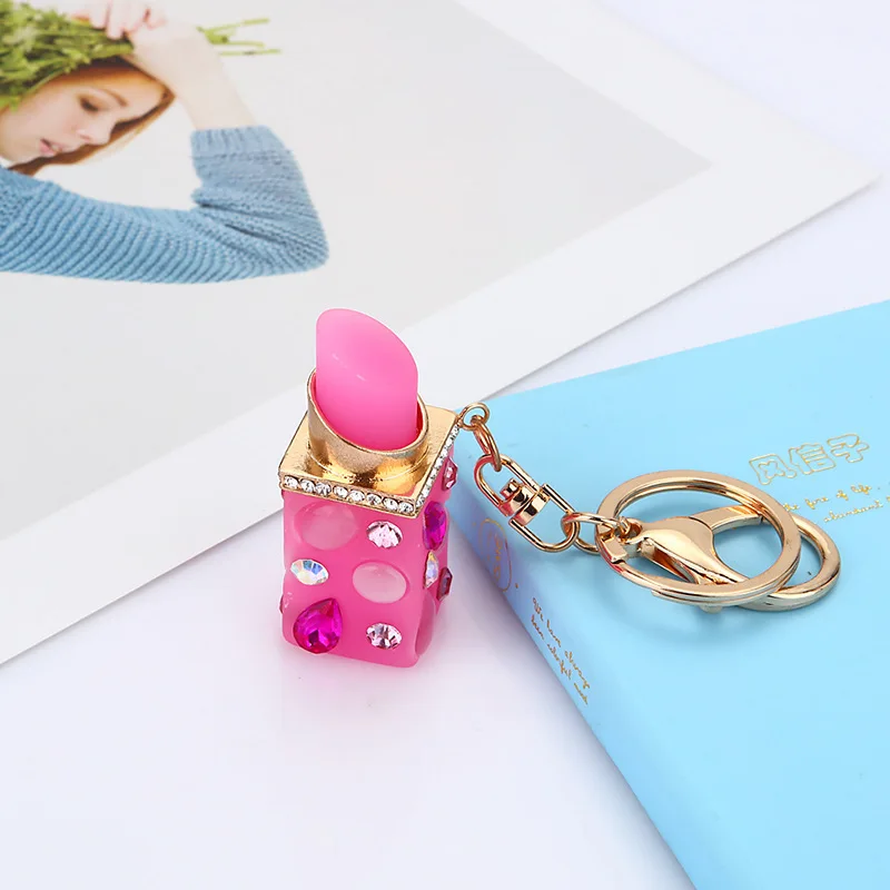 Crystal Cute Lipstick Makeup Keyring Rhinestone Charm Pendant Keychain Christmas Gift For Girl