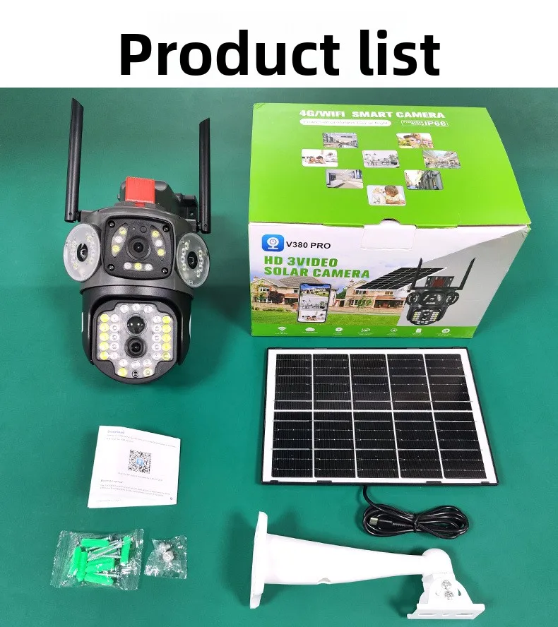 V380Pro Solar Outdoor Waterproof Multi-lens HD Camera 4MP PTZ Smart Camera Human Detection Sound Light Alarm Multi User Monitor
