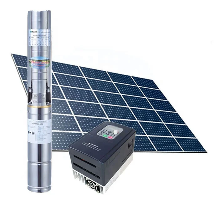 Hybrid solar borehole pump system with solar array, control box, and submersible pump