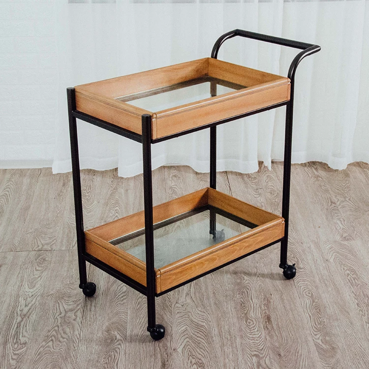 Industry Wooden Stainless Steel Wheels Service Vintage Mobile Kitchen Hotel Bar Cart