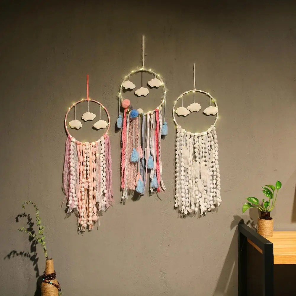 Artilady nursery decor Handmade Traditional White Cloud Dream Catcher with Led String Lights Wall Hanging kid romm decoration