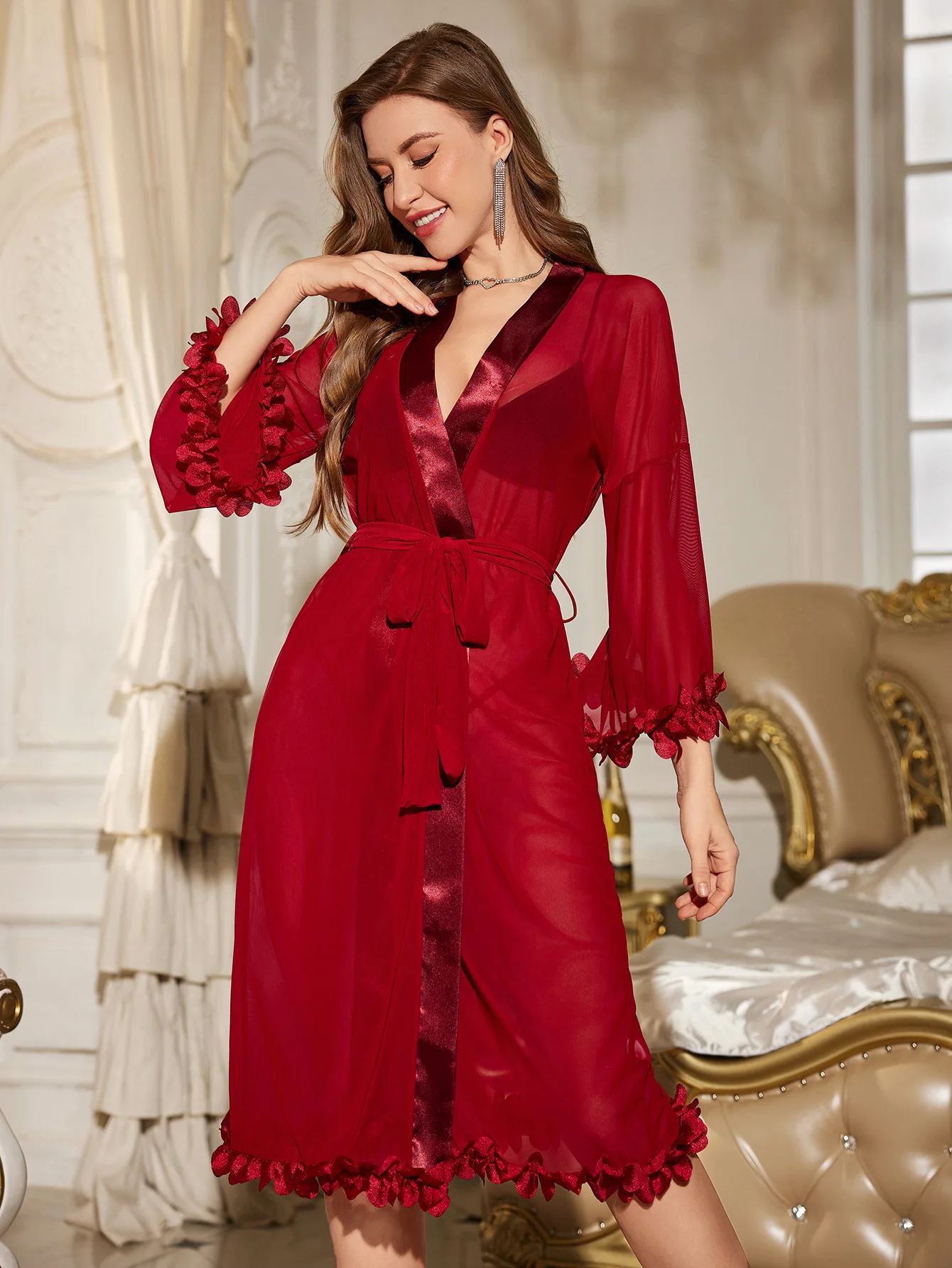 European American New Style Sexy Women's Solid Mesh See-Through Lace Knee-Length Breathable V-neck Women's Pajamas