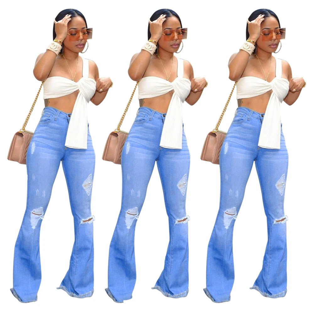 
New design Ladies High Waist Trousers Bell Bottom Jeans Wide Leg Women Ripped Denim Jeans Pants with Tops sale 