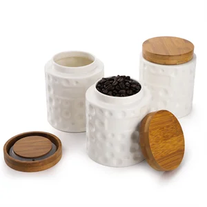 3 Pack Porcelain Food Storage Jars,Ceramic Cookie Small Canister With Bamboo Wood Lid and Label,Coffee Tea Sugar Containers details