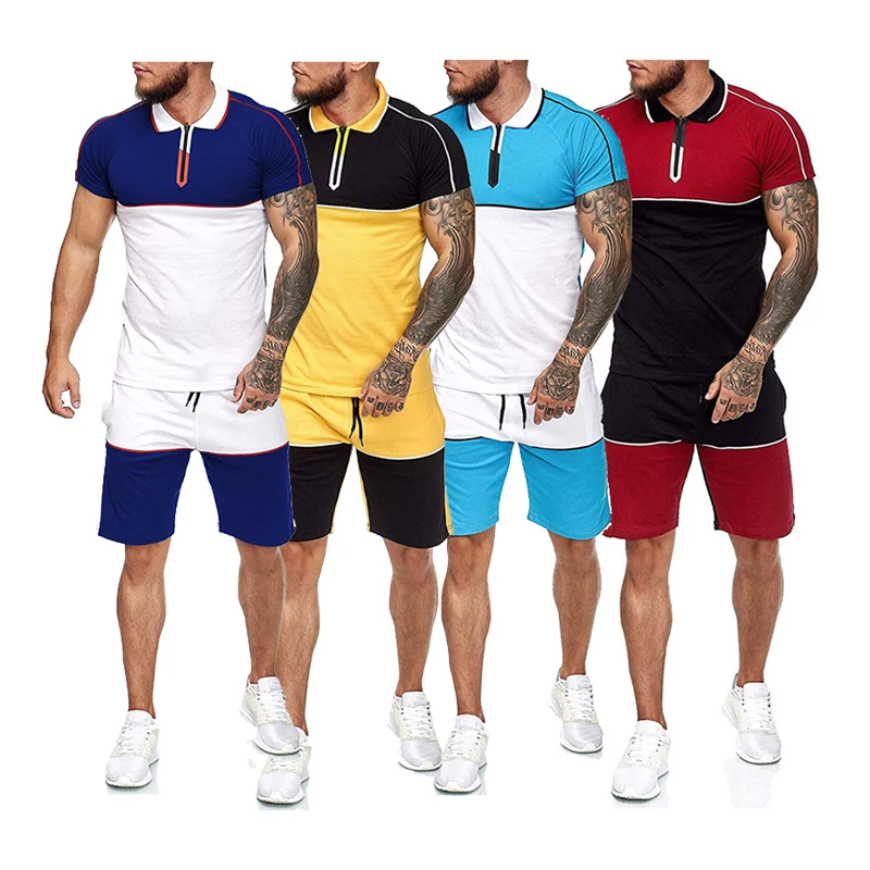 

QC-2454 Comfortable male sports men shorts and shirt set daily mens 2 pieceset patchwork jogging suit for men two piece short s