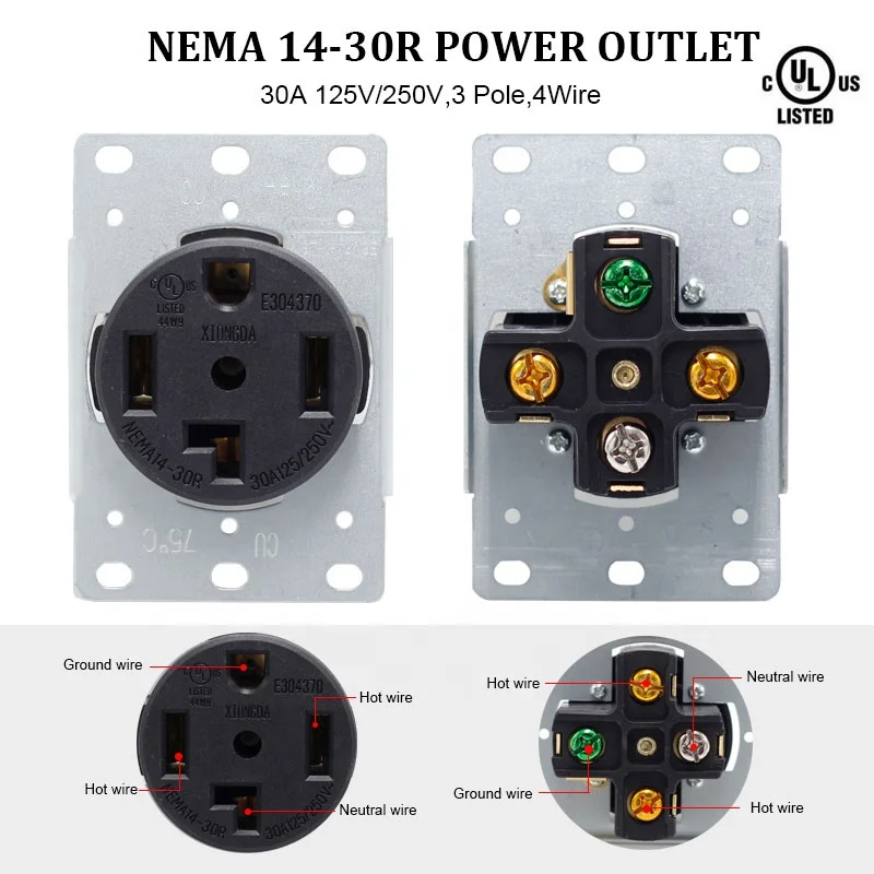 250v 30a Flush Mount Receptacle 4 Prong Nema 14-30r Power Socket 3 Pole ...