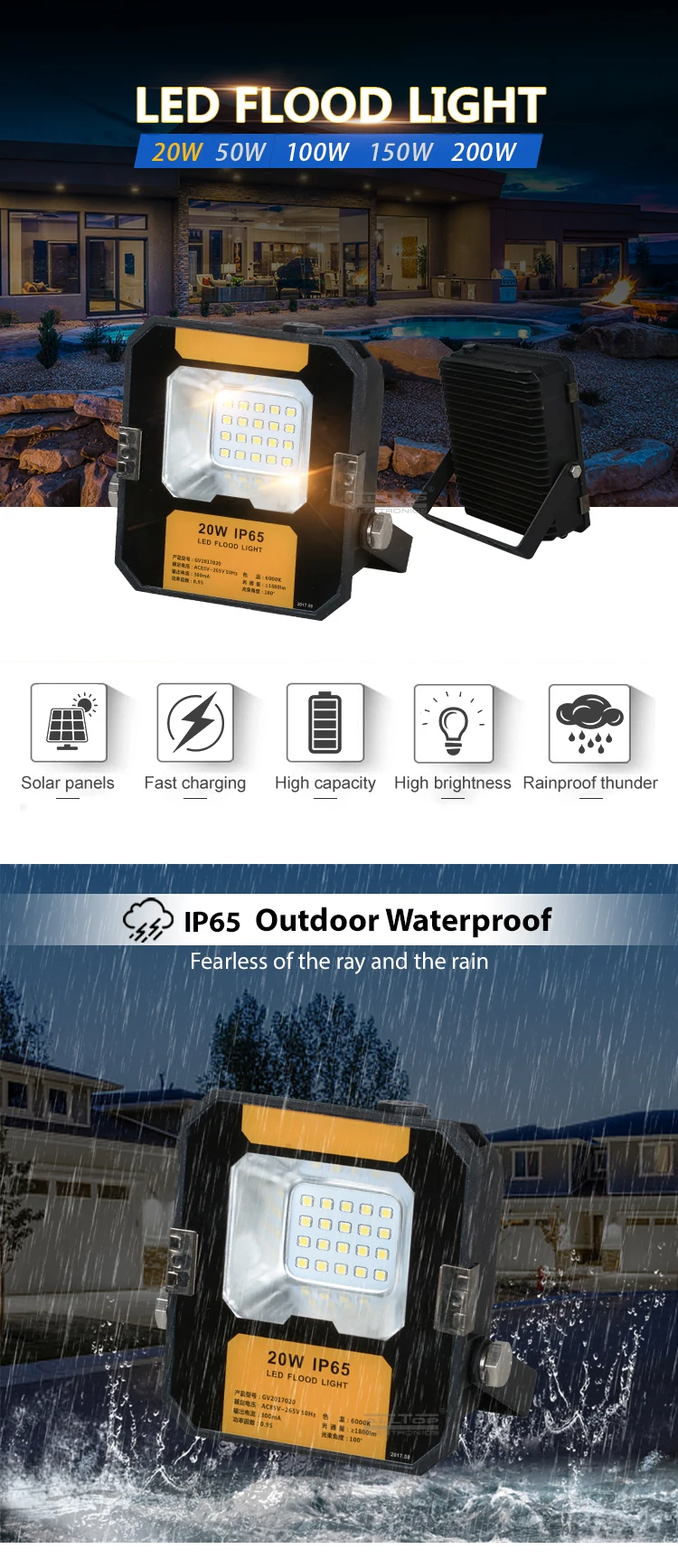 High quality outdoor waterproof IP66 Bridgelux portable 20w 50w 100w 150w 200w led flood light