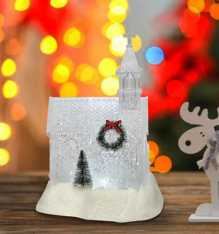 High Quality Lighted Snow Globe Swirling Glitter Water Lantern Church