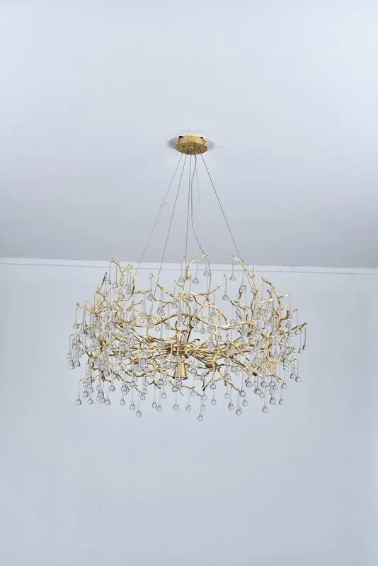 MEEROSEE Wholesale Price Popular Modern Brass Tree Branch Chandelier Clear Crystal Copper Round Hanging Light Fixture MD86196