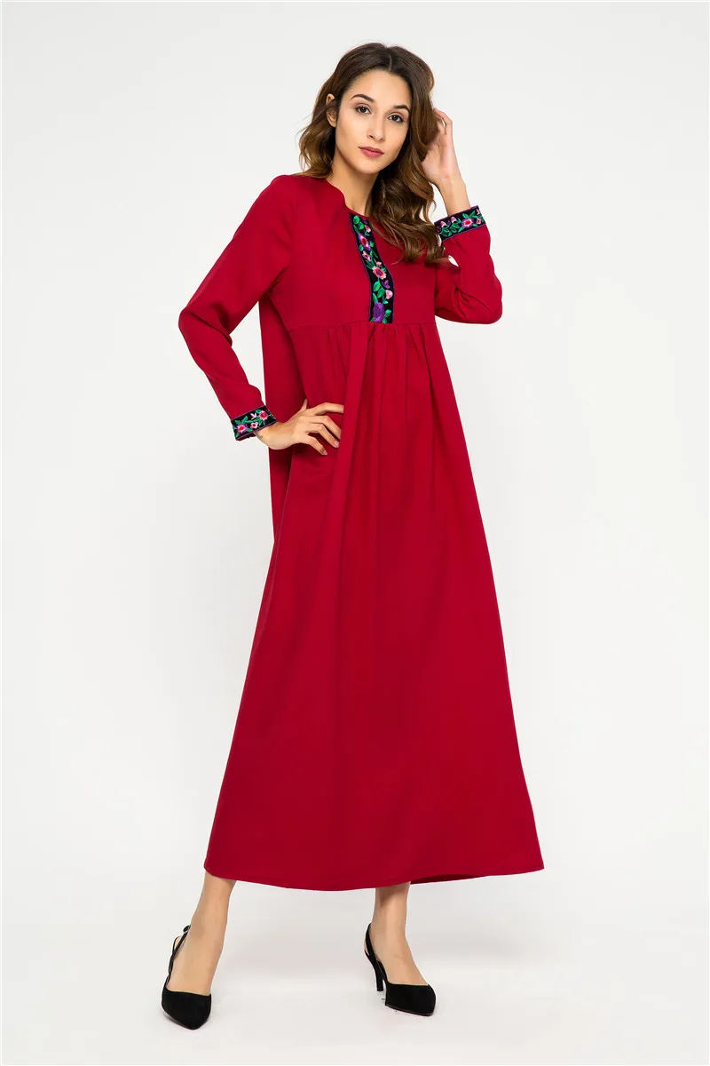 New Red Islamic Abaya Ethnic Long Sleeve Embroidery Muslim Dress - Buy ...