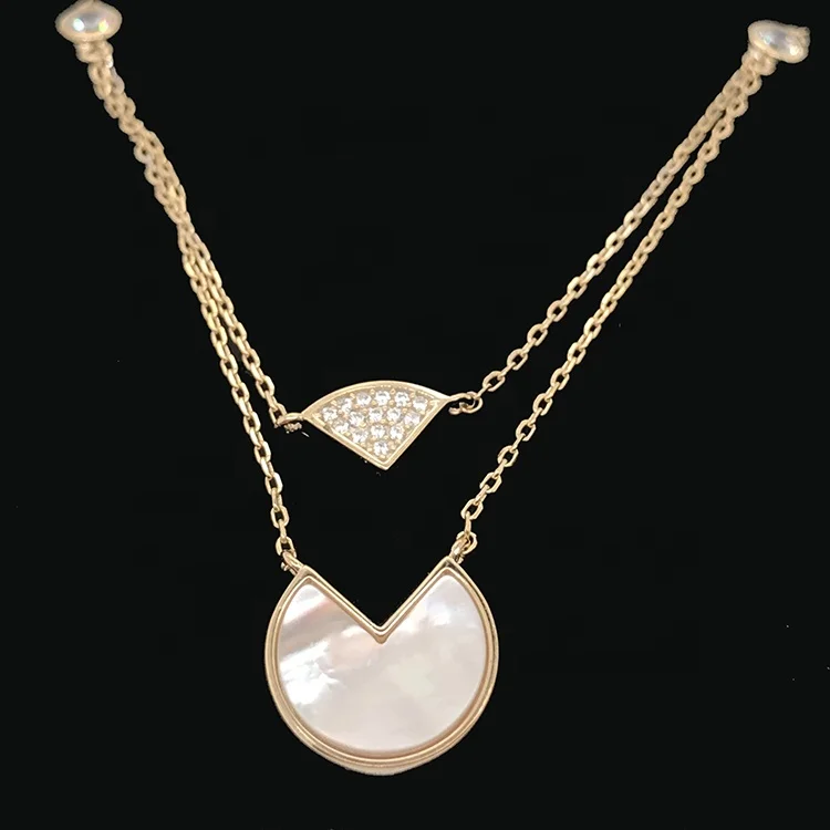 Two Strands Gold Chains Shell Round Cz Fanshaped Design Pendant Necklace