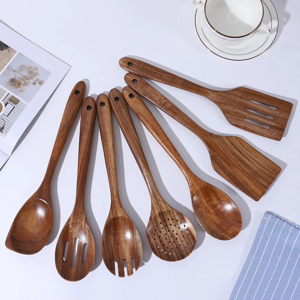 product customized logo wholesale home kitchen utensils set wooden teak wood scraper and spatula cooking tools-7