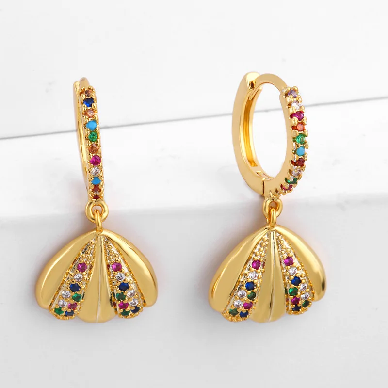 High quality colorful zircon hoop earrings jewelry 18k gold plated conch starfish earrings
