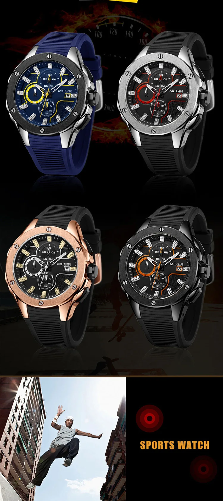 MEGIR 2053 super boy made in china watch buy Genuine Leather Strap personalized 3 dials chronometer diameter 45mm watch set