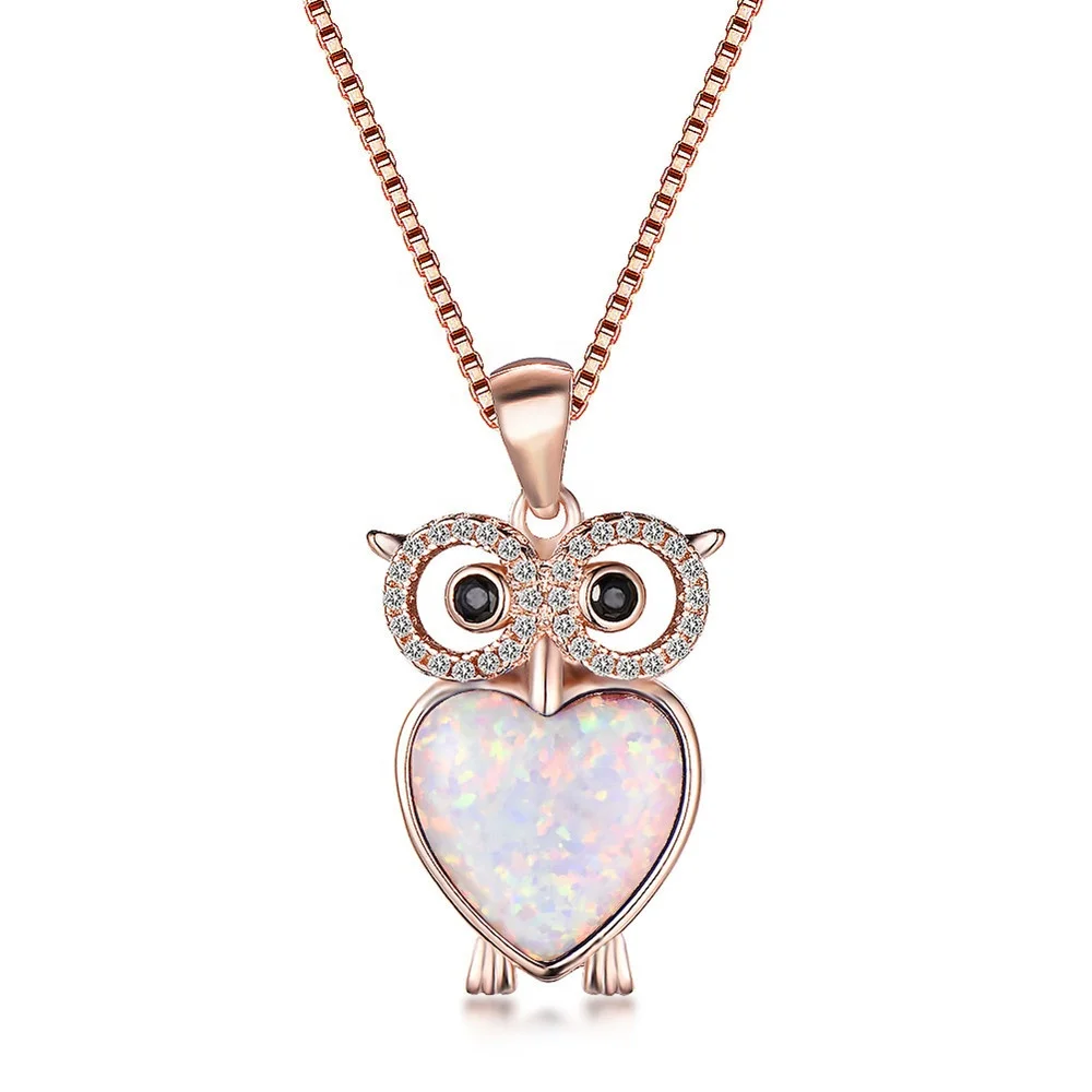 
925 Sterling Silver/Brass Rose Gold New Fashion Charm Owl Necklace CZ Cubic Zirconia Opal Necklace & Pendant Jewelry For Women 