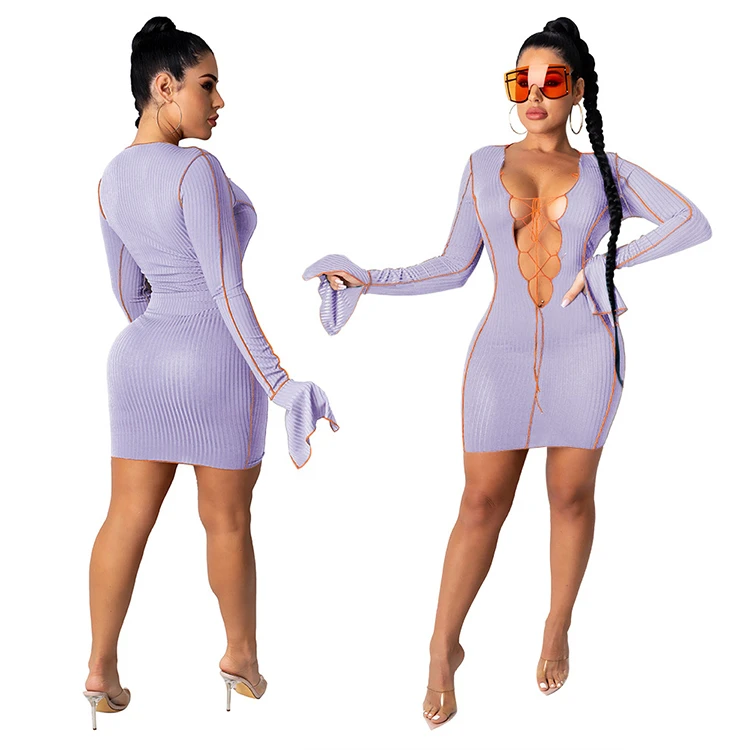 High Quality Drawstring Hollow Out V Neck Sexy Ladies Women Bodycon Dresses Woman Casual Short Dress