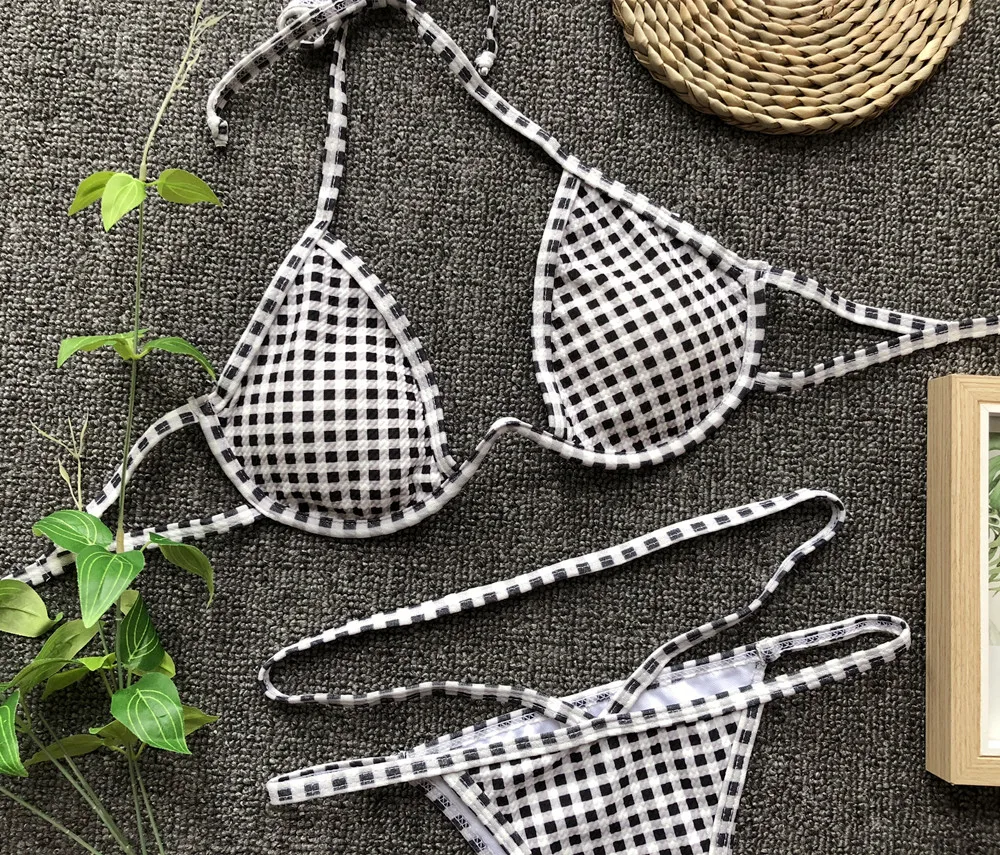 Wholesale Gingham Pringed Underwire Push Up Bra Bikini Extreme Micro