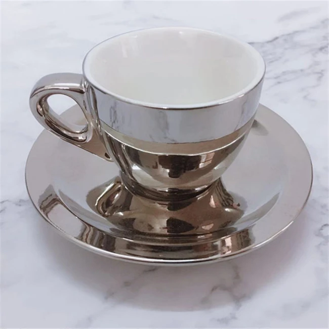 Luxury 12 Pcs Gold and Silver Electroplating Porcelain Coffee/tea Cups and Saucer Set With Rack Espresso Cup Set factory