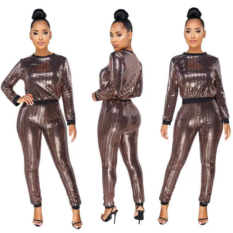 Wholesale Fashion Casual Sexy Women Sets Sequin Long Sleeve Two Piece ...