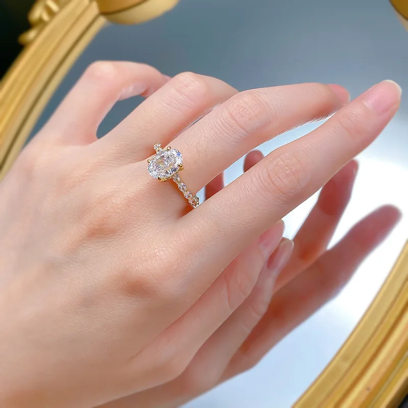 Luxury Ring European American S925 Silver Inlaid with High Lab Diamond 7*10 Oval Geometry Net Red Jewelry