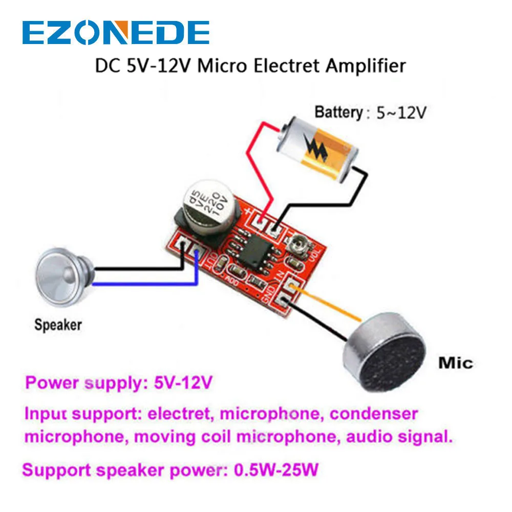 DC 5V-12V LM386 electret microphone power amplifier board gain 200 times mic· fg 