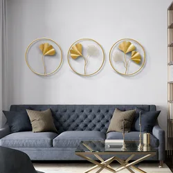 Premium Nordic Light Luxury Metal Wall Decoration Creative Round Golden Frame Ginkgo Leaf Living Room Wall Decoration Sets