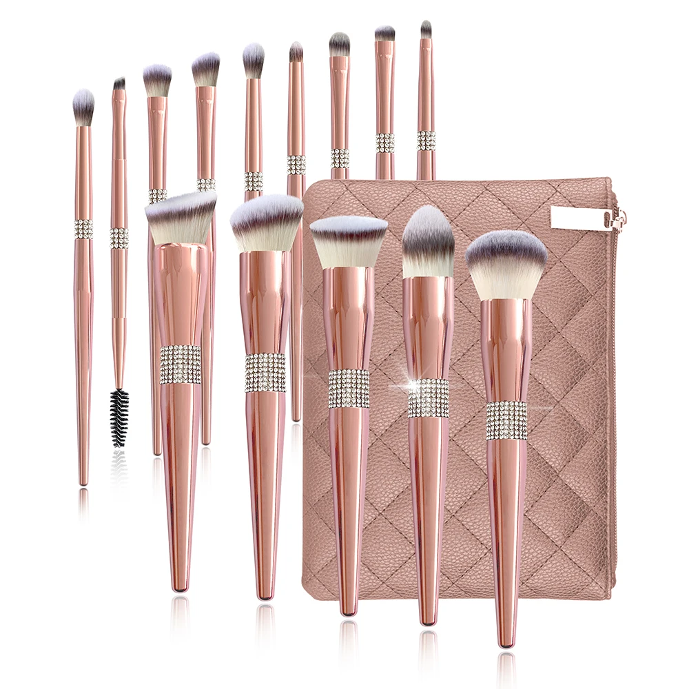 

BUEART 14pcs Luxury glitter diamond bling private label makeup brush metal rose gold brush custom logo makeup brushes set