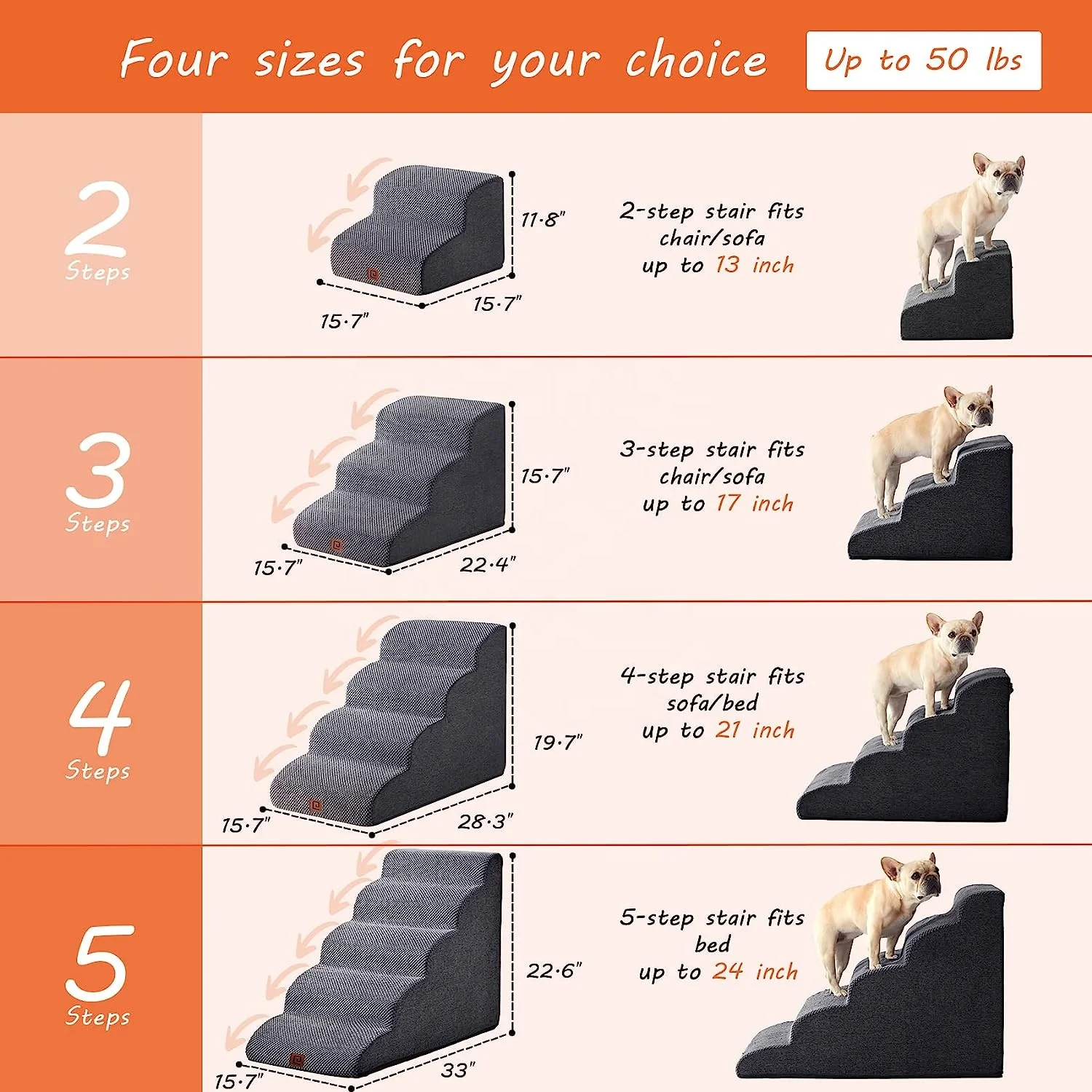 Durable High Density Pet Dog Stairs Bed With Foam 2/3/4 Steps Pet Ladder For Beds Stairs For
