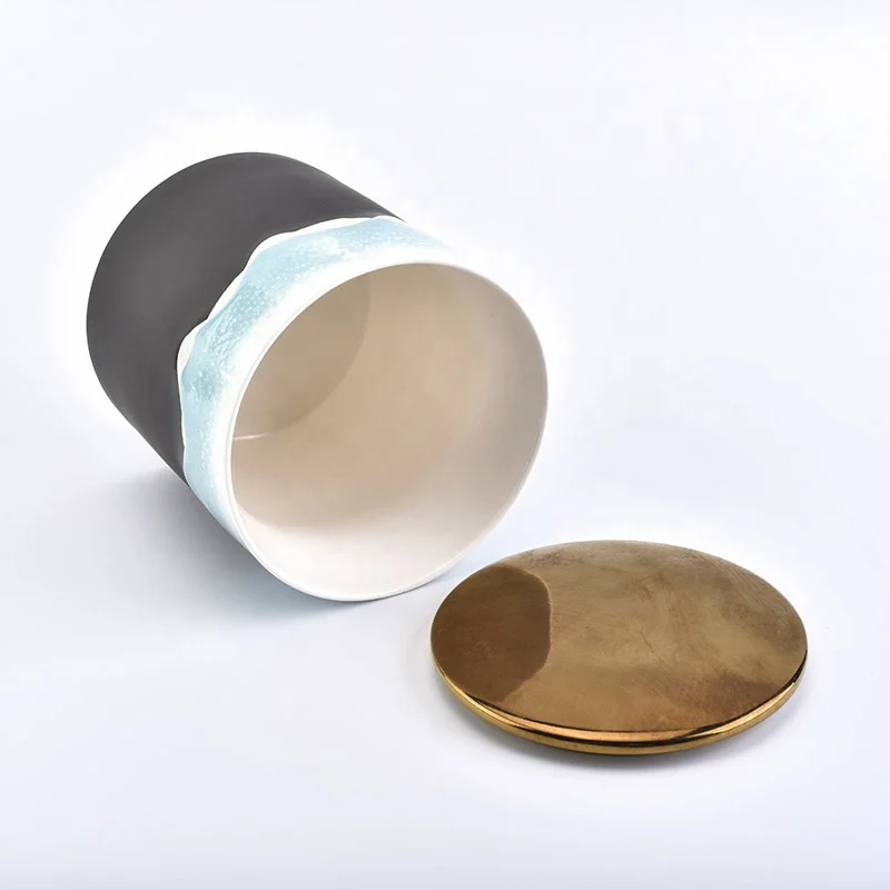Cylinder handmade printing ceramic candle jar tea light candle holder with metal lids home decorative