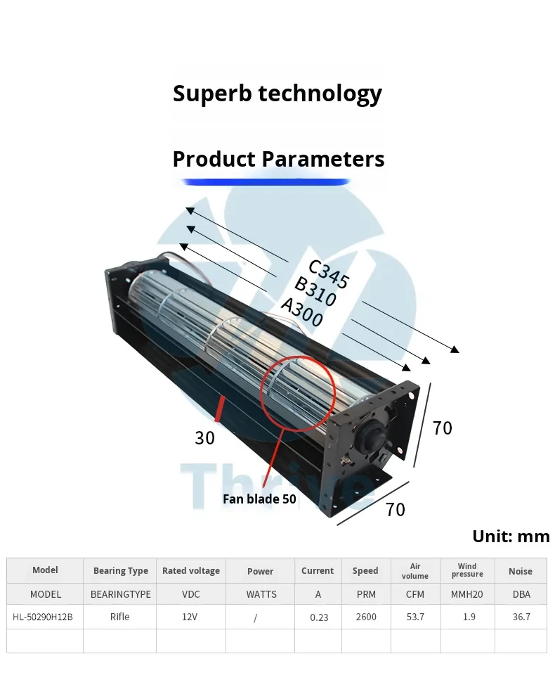Cross Flow Fan, HL-50290H12B, Aluminum, 12V - detail 2