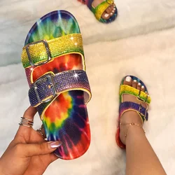 women double strap with buckle sandals slides ladies beach diamond slippers fatia open toe two strap with buckle sandals