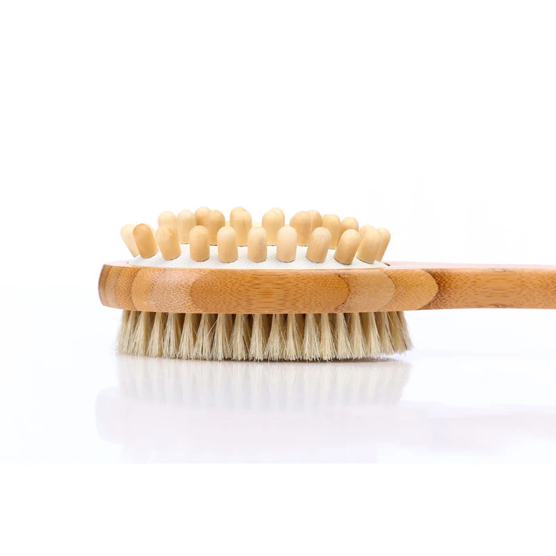 2-in-1 Sided Natural Bristles Brush Scrubber Long Handle Bamboo Spa 