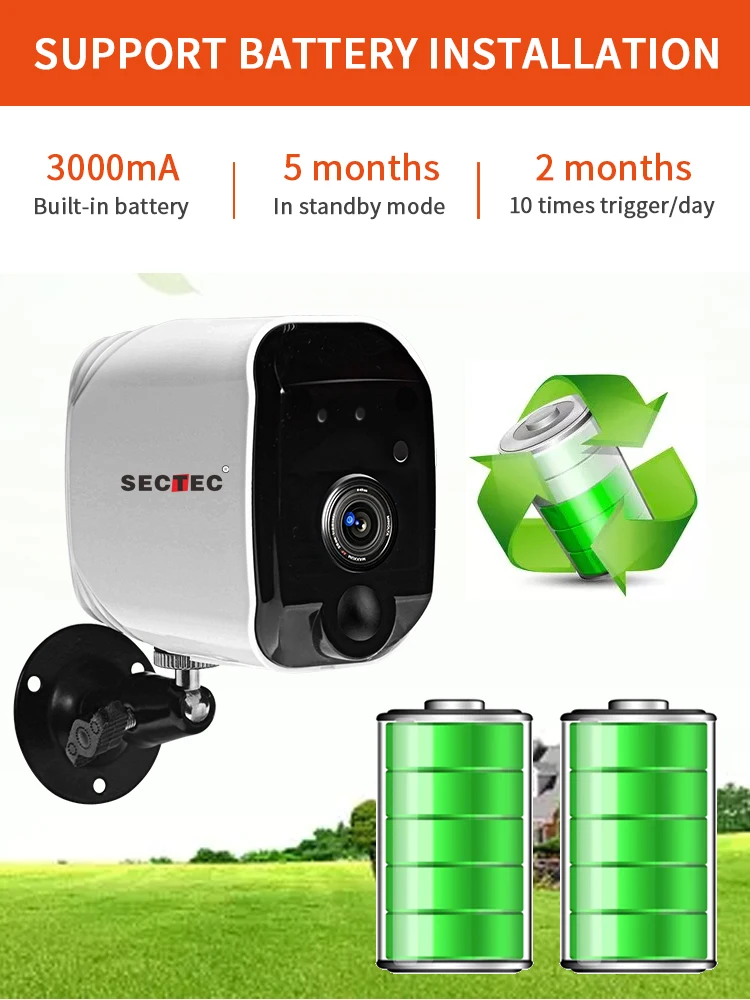 SECTEC Solar Power Wireless Ip  Battery Tuya Camera Outdoor Waterproof Two Way Audio PIR  Wifi Camera Security CCTV Smart Life