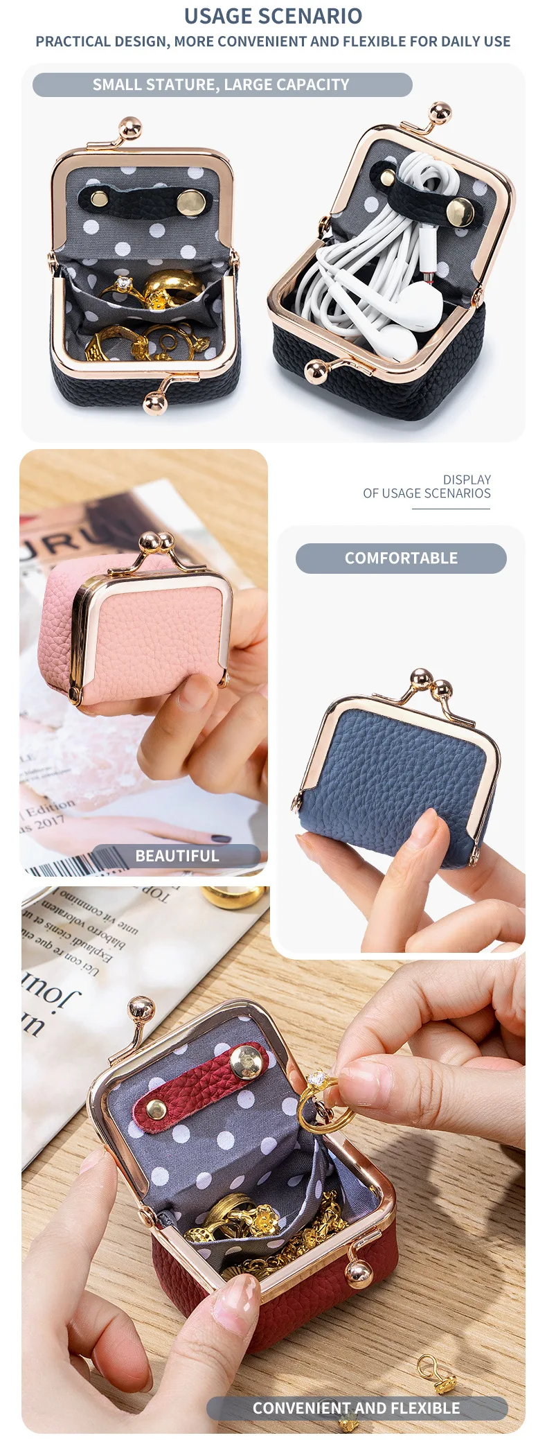 Compact Clasp Bag with Genuine Leather for Rings Mini Necklace Earrings-Waterproof Jewelry Box Coin Purse with Diamond Rings