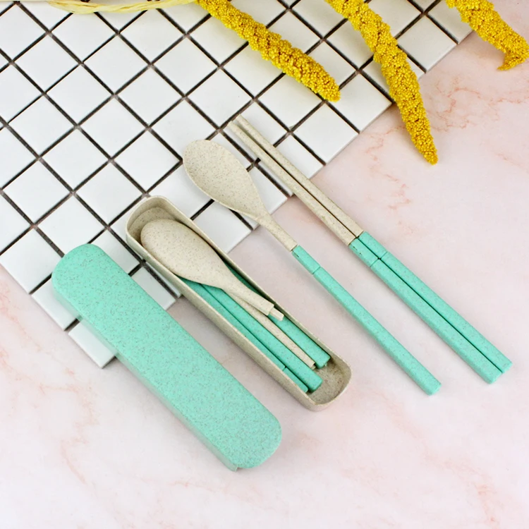 
Portable Food Grade Eco-friendly Foldable Wheat Fiber Straw Chopsticks Spoon Cutlery Flatware Set for Camping Travel 