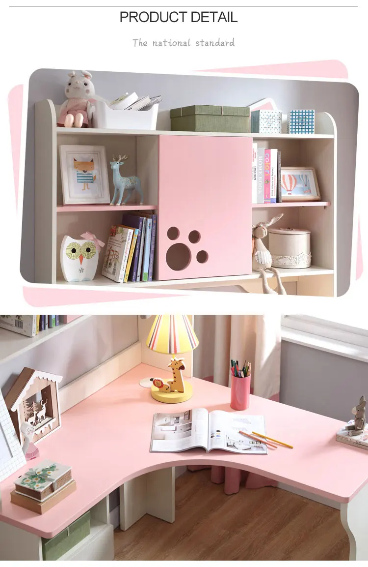 Pink Lovely Home Bedroom Corner Wood Children'S White Study Desk With Bookshelf