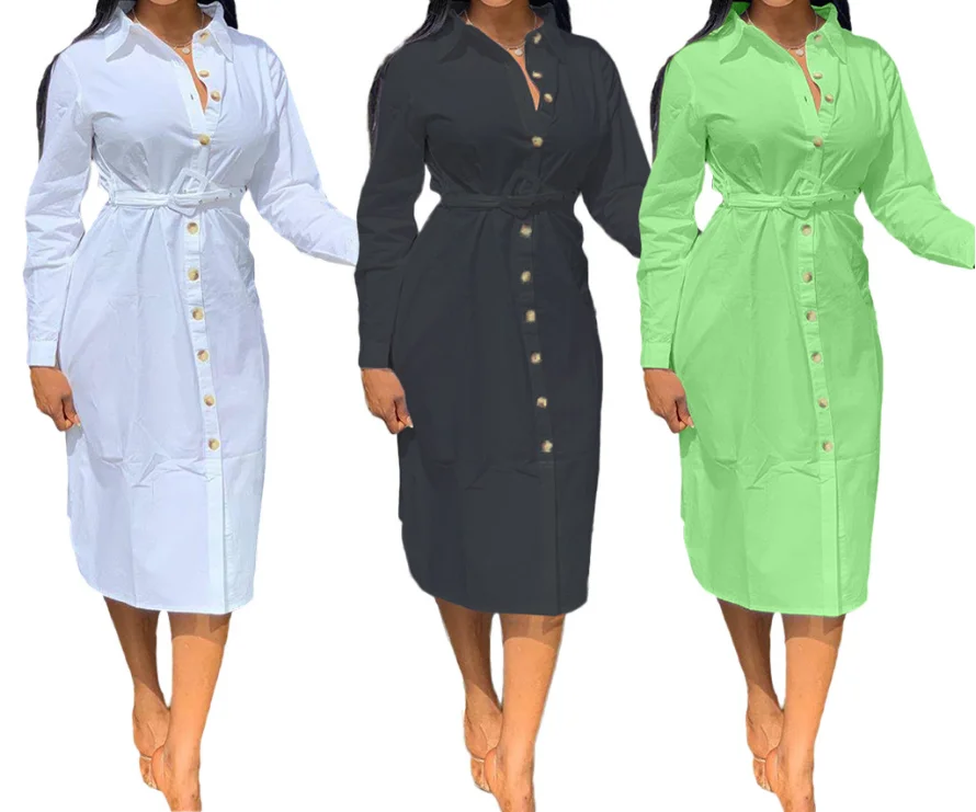 White Shirt Dresses Casual Button Up Long Sleeves Mid Calf African Fashion Women's Loose Robes Black Green africa clothing