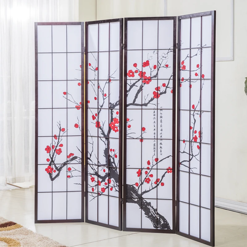 Black Japanese Shoji 4-12 Panel Black Plum Blossom Design Room Divider 