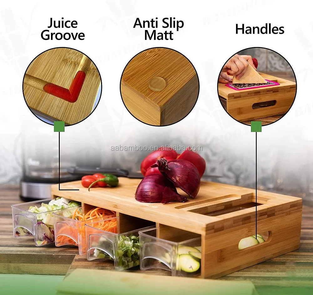 Bamboo Cutting Chopping Board with Containers 4 Storage Drawer and Grater  Tool