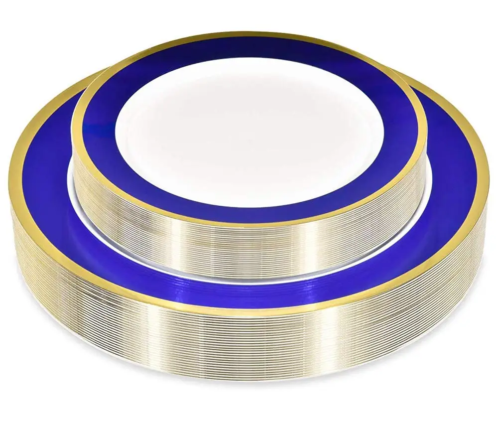 Blue And Gold Rim Elegant Plastic Plates With Gold Plastic Silverware