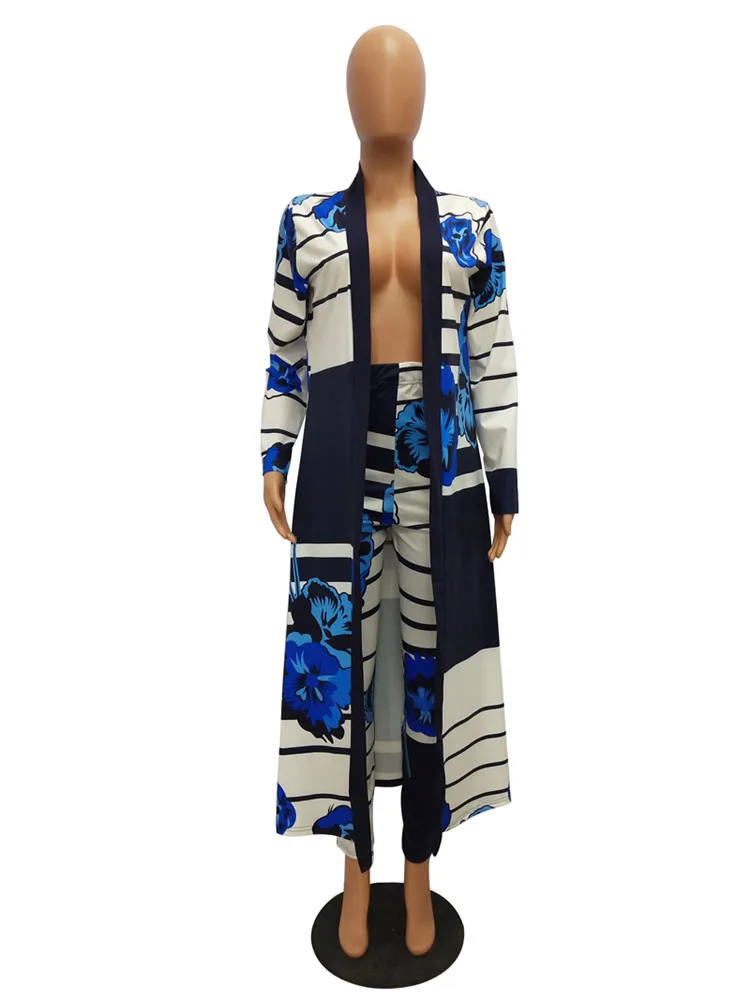 SACM202 print trendy long coat and pencil pants women casual suit ladies 2 piece set