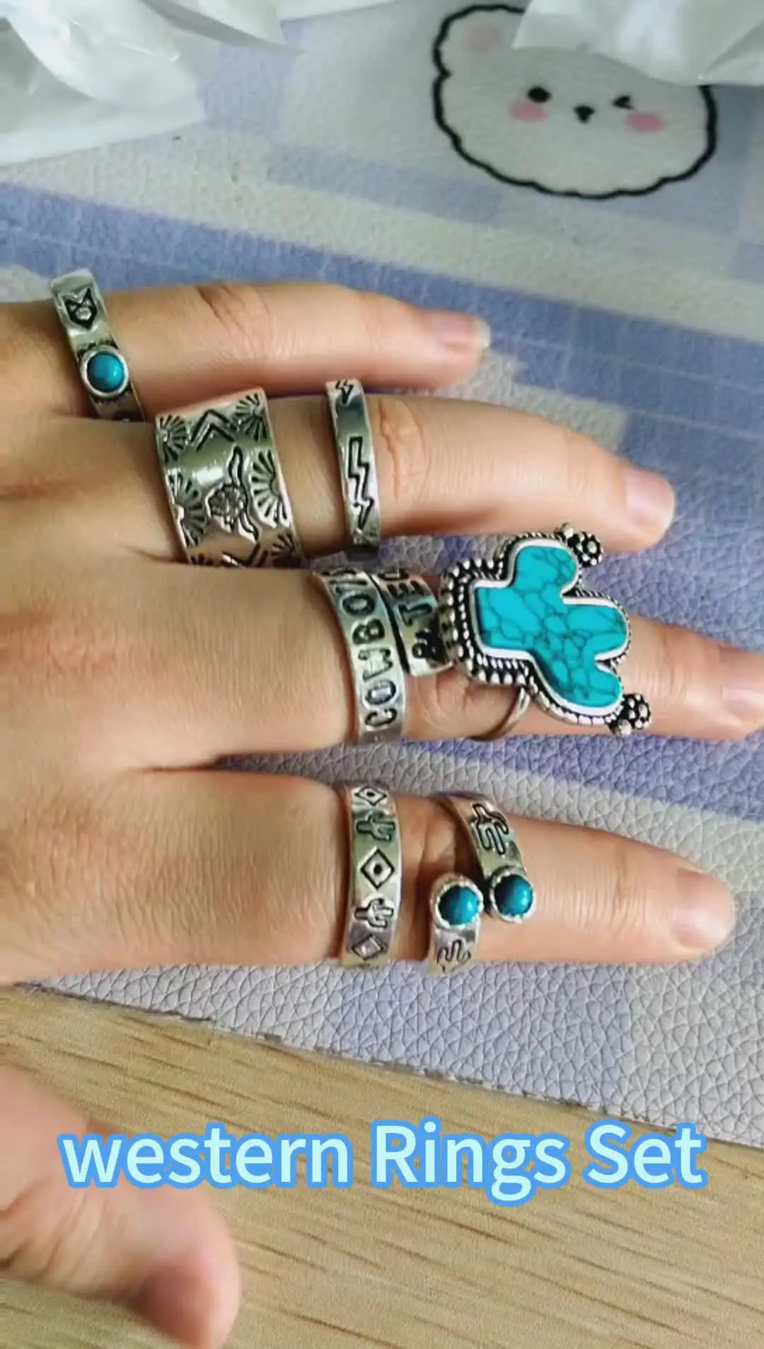 Western Style 3PCS Ring Set Natural Turquoise Diamond Rings