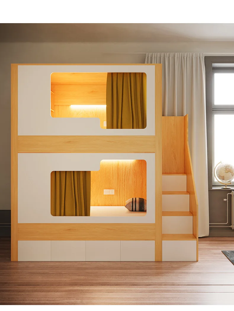 product custom metal material solid wood space capsule bunk bed kids and students apartment dormitory bunk bed with slide-8