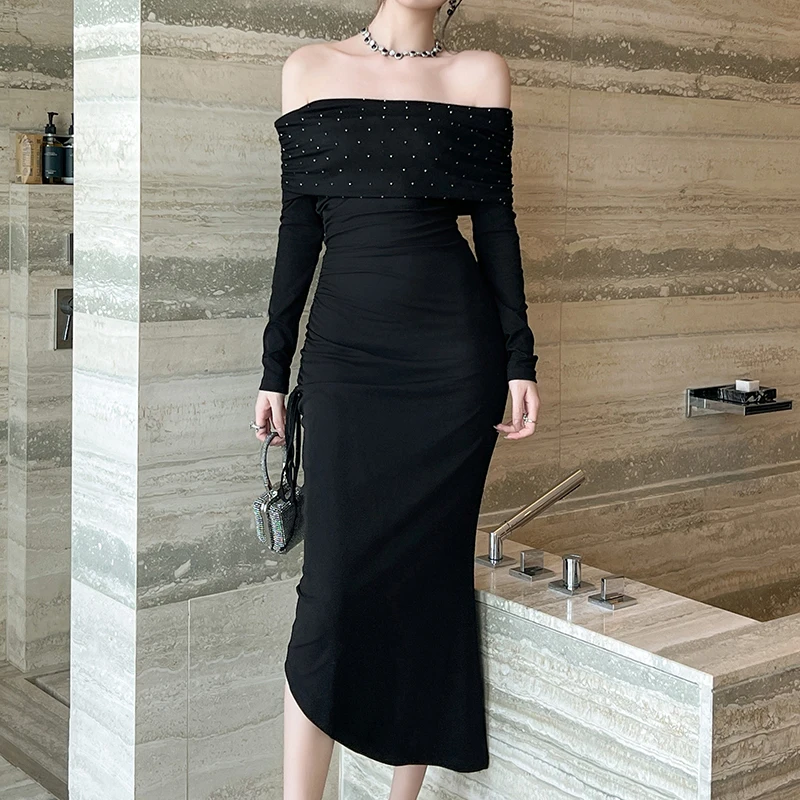 over the swoon black off the shoulder bodycon dress Black Off Shoulder Maxi Dress