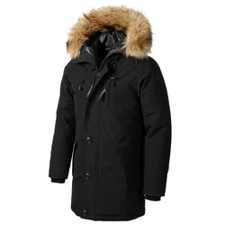 Wholesale custom winter long parka jacket polyester men black blue windproof parka padded jacket with fur hood
